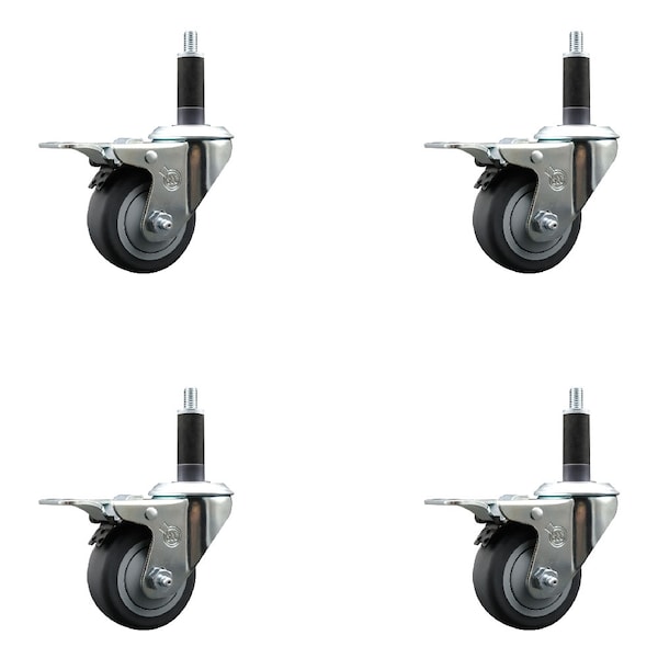 3'' SS Thermoplastic Rubber Swivel 1'' Expanding Stem Caster Set Total Lock Brake, 4PK